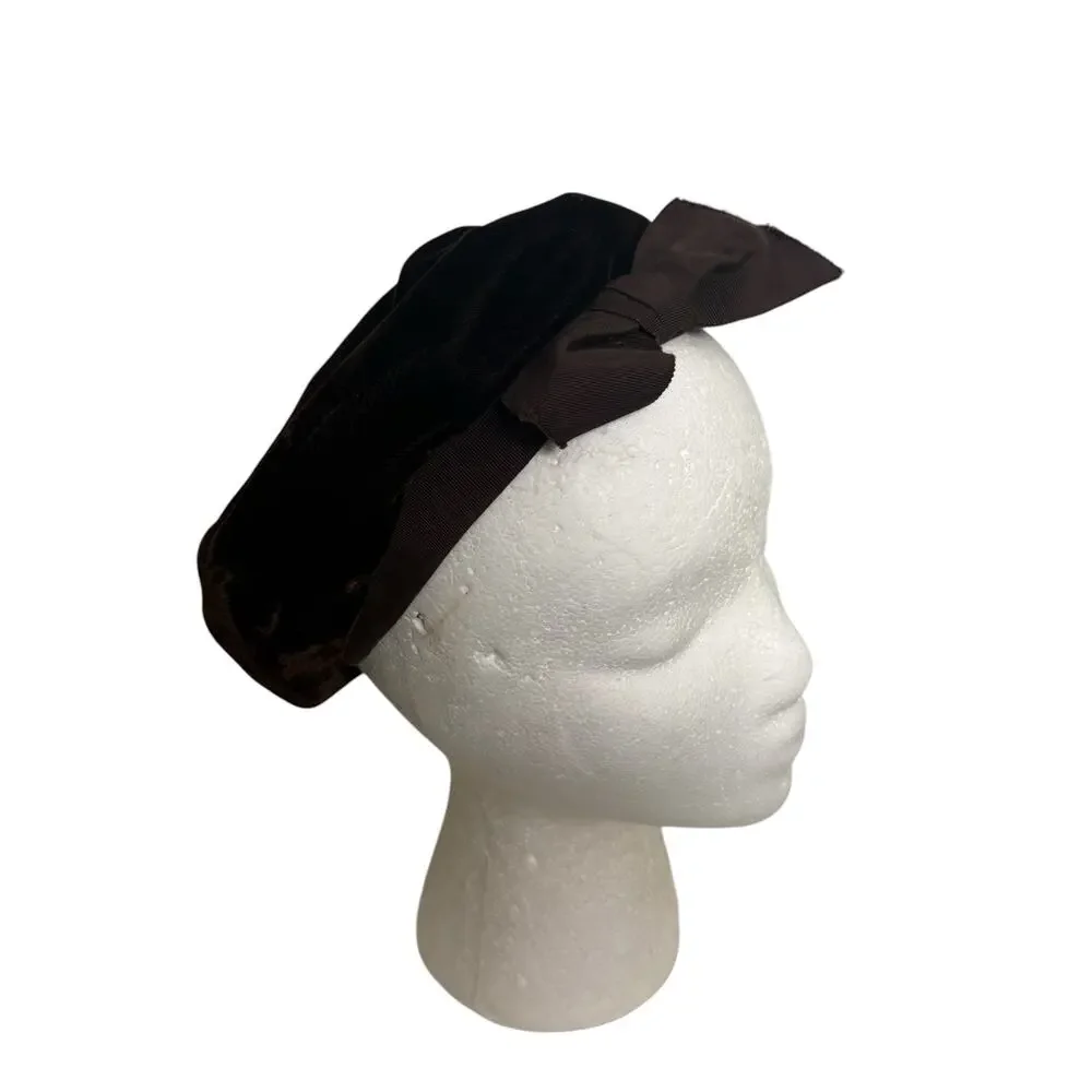Vintage 60s Velvet Beret Brown Bow Parisian Mod Retro Cottagecore Hat - Picture 3 of 7